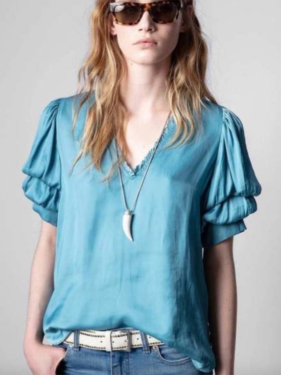 Zadig & Voltaire Tops - Zadig & Voltaire Women's Taste Tiered Puff Sleeve Satin Top. Large. LIGHT BLUE